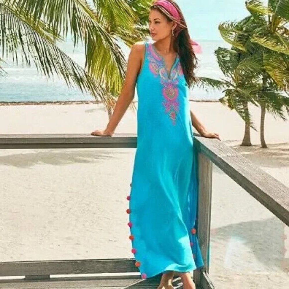 Lilly Pulitzer Nolia Maxi Dress Embroidered Pom Pom Sleeveless Turquoise XXS